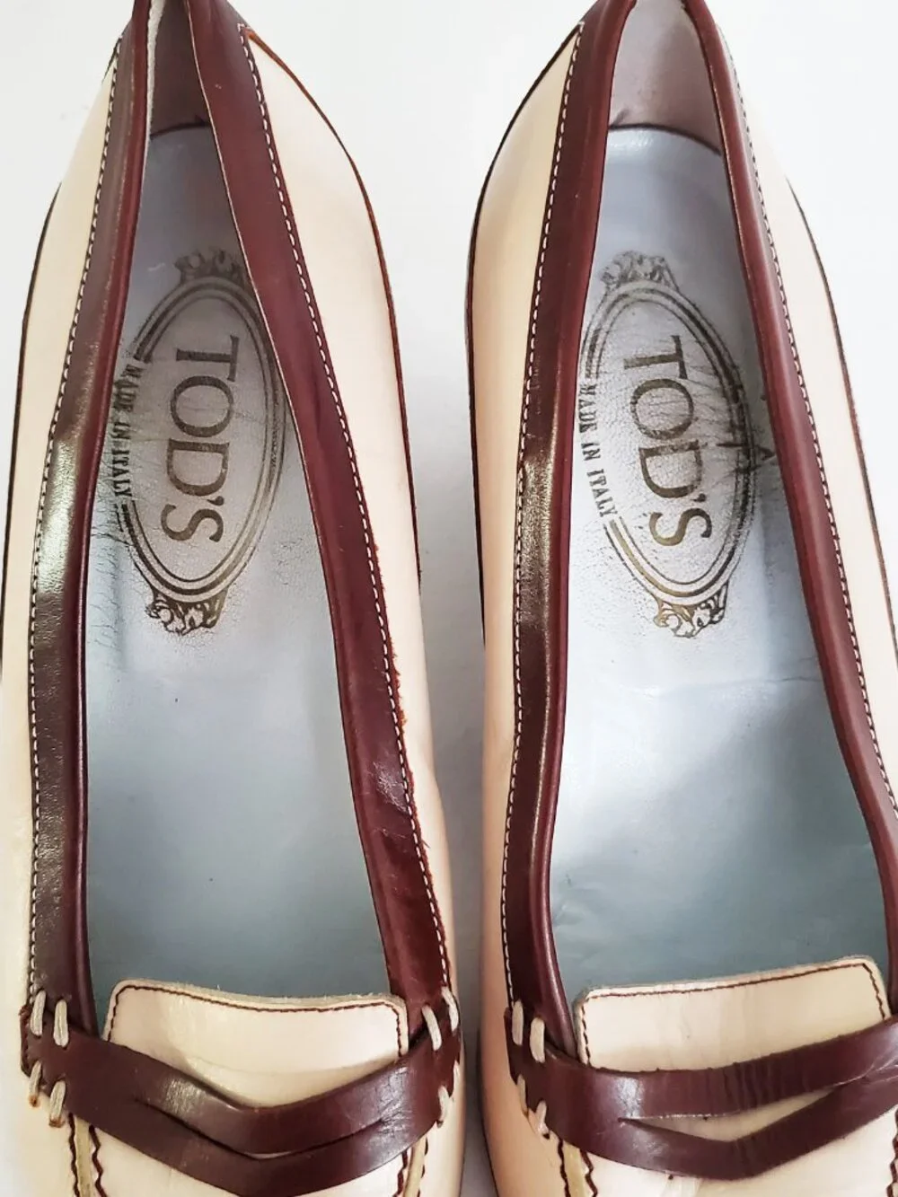 Tod's Penny Loafer Beige & Brown Leather Kitten Heel Pumps Sz 38.5 - Picture 5 of 13